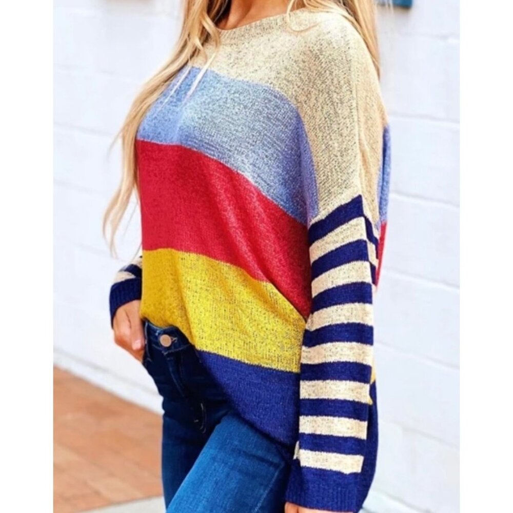 Colorblock Striped Open Knit Sweater Davi Dani S Beach Coastal Multicolor Travel